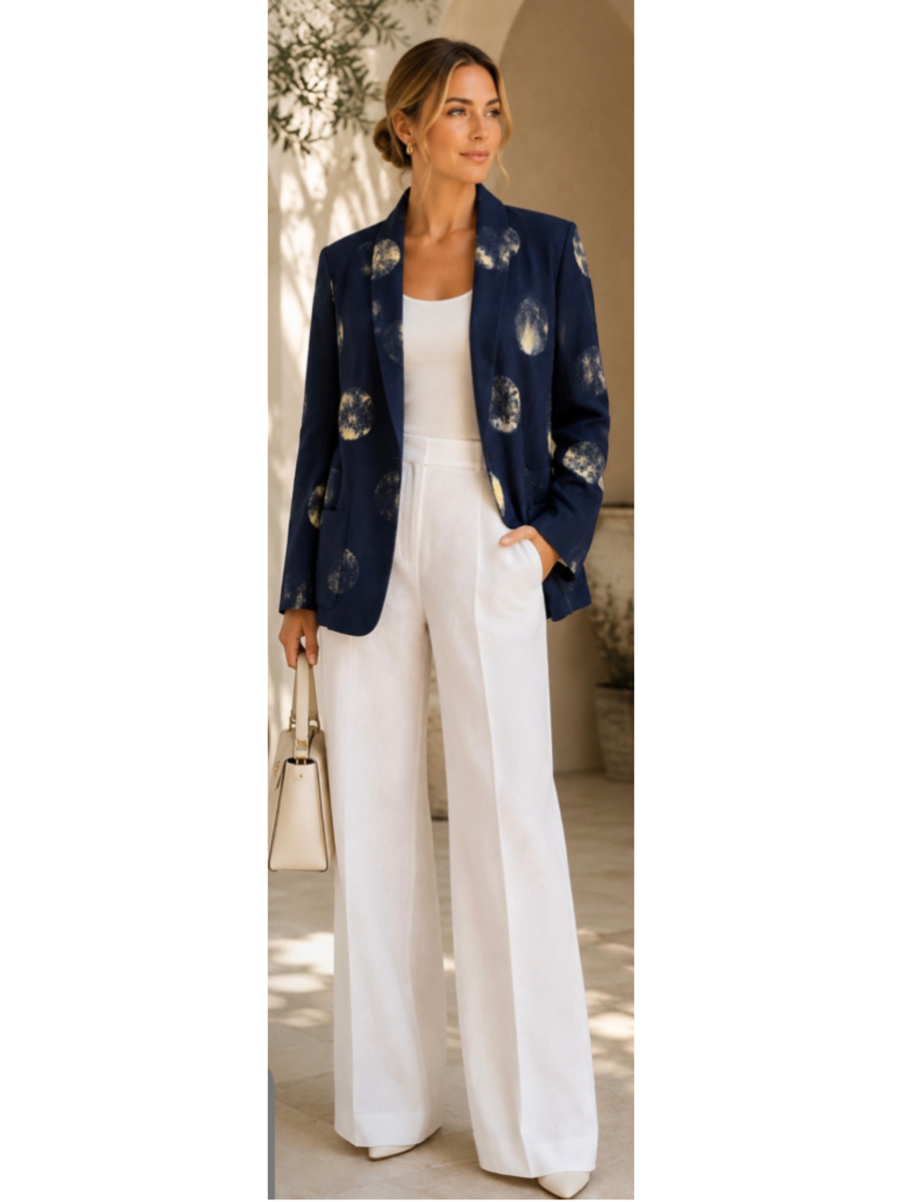 Raquel Allegra Blazer Size 2/M Navy Beige Polka Dot Jacket Linen
